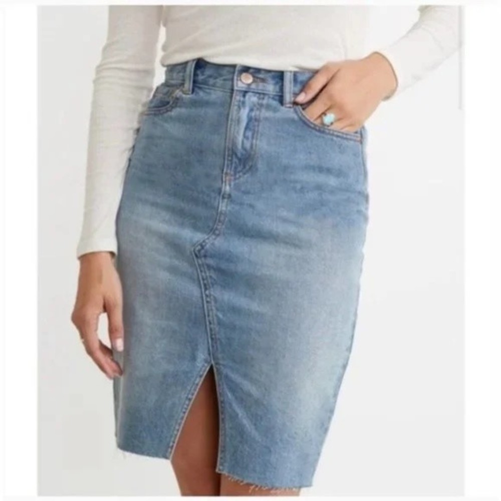 Marine Layer Light Blue Denim Midi Skirt with Front Slit